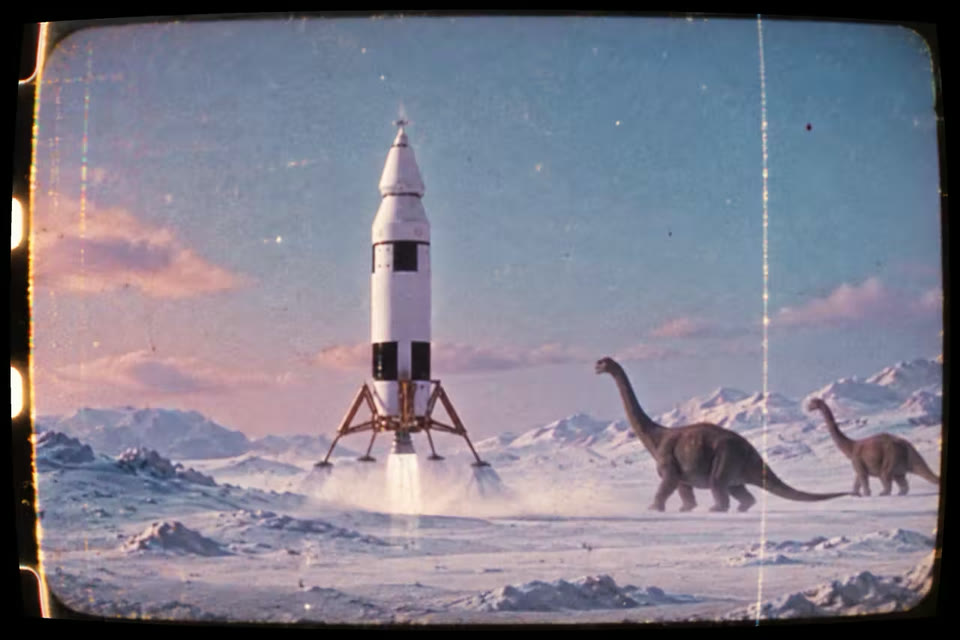 A rocket lands on a dusty plain while two long-necked dinosaurs walk past, in the style of an old film still.