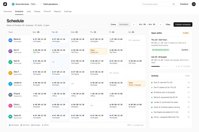 Example screen of a weekly crew schedule, with invented data