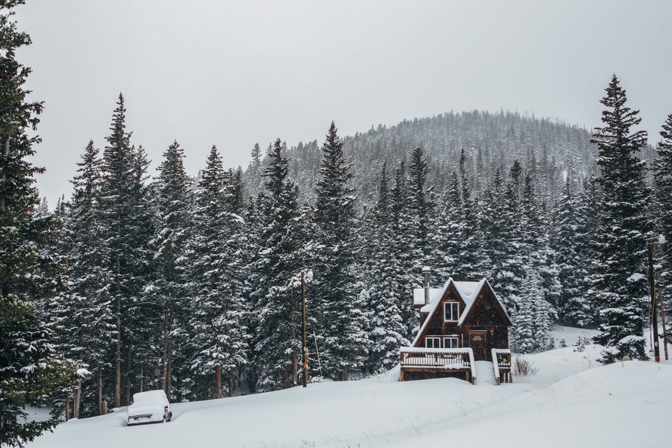 A wooden A-frame cabin in a snowy pine forest